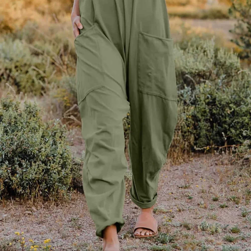 Oversized Hippie V-Neck Sleeveless Wide Leg Pant Pocket Jumpsuit Outfit Bohemian - Picture 5 of 10